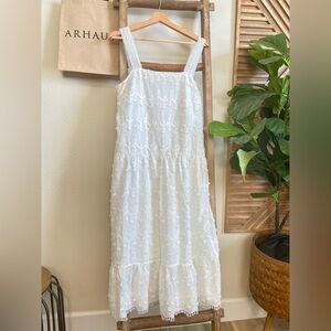 Zara Textured Square Neck Wide Straps Embroidered Midi White Sun Dress Size XS